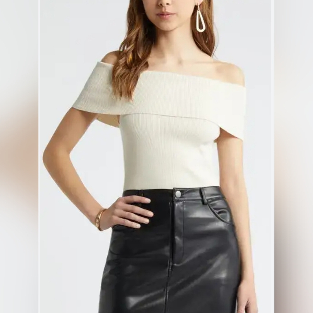 NWT Open Edit Ivory Foldover Off the Shoulder Knit Top Minimalist Clean Girl XL